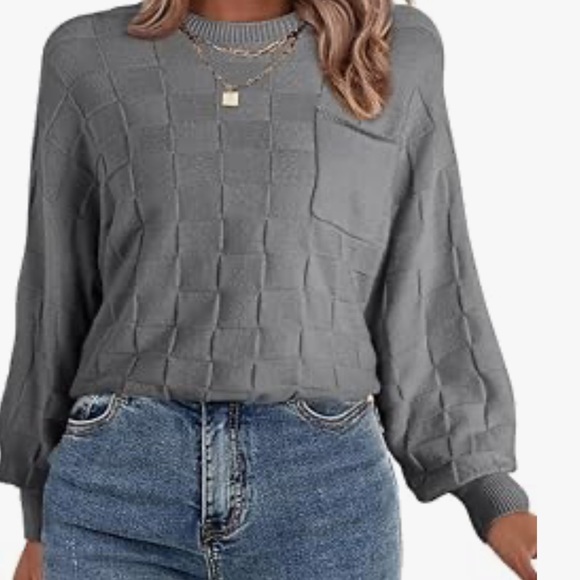 shewin Sweaters - Checkerboard Pattern Crewneck sweater textured lantern sleeves size medium NEW